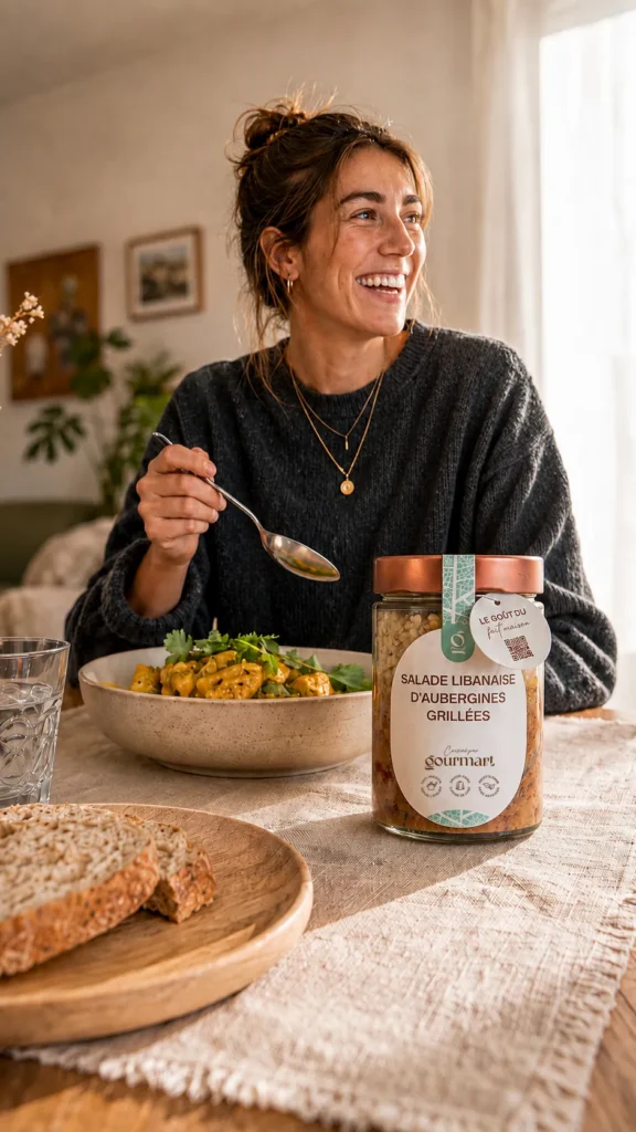 Une femme souriante est en train de manger un plat gourmart salade libanaise d'aubergines grillées