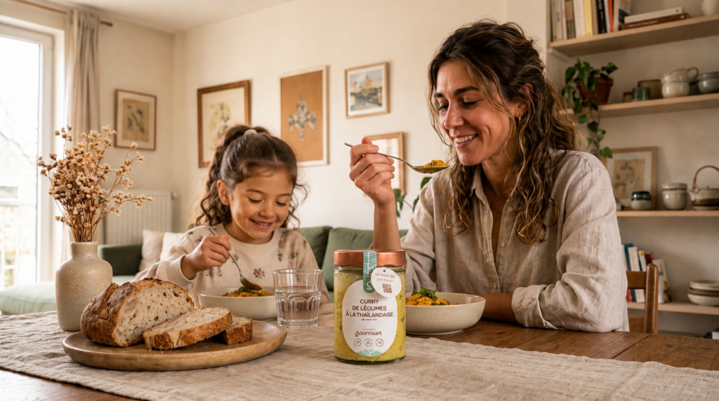 Une femme et sa fille mangent un plat préparé gourmart.