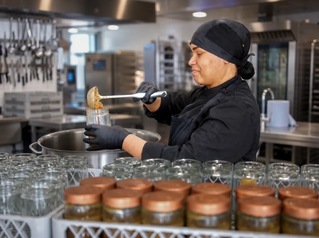Une équipière gourmart assemble à la main un repas dans un bocal