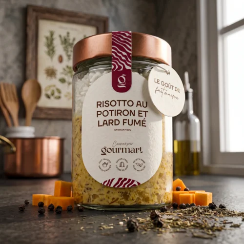 
			Risotto au potiron et lard fumé en bocal			